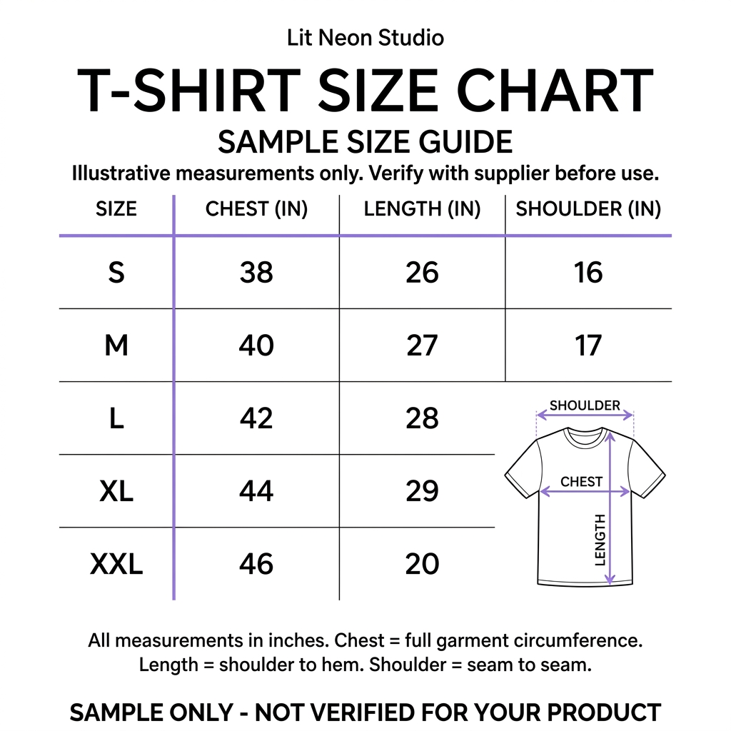 Filled sample T-shirt size chart