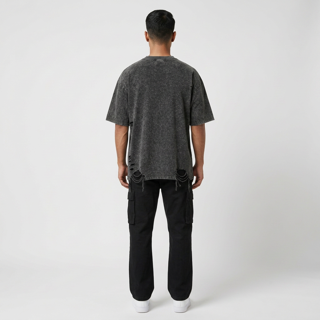 Black distressed T-shirt, back view