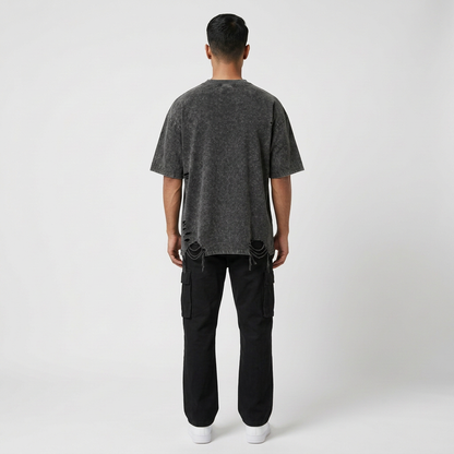 Black distressed T-shirt, back view