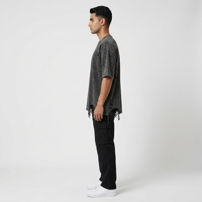 Black distressed T-shirt, left profile
