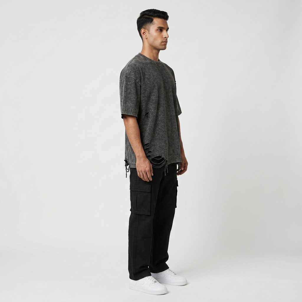 Black distressed T-shirt, right profile