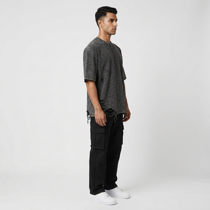Black distressed T-shirt, right profile