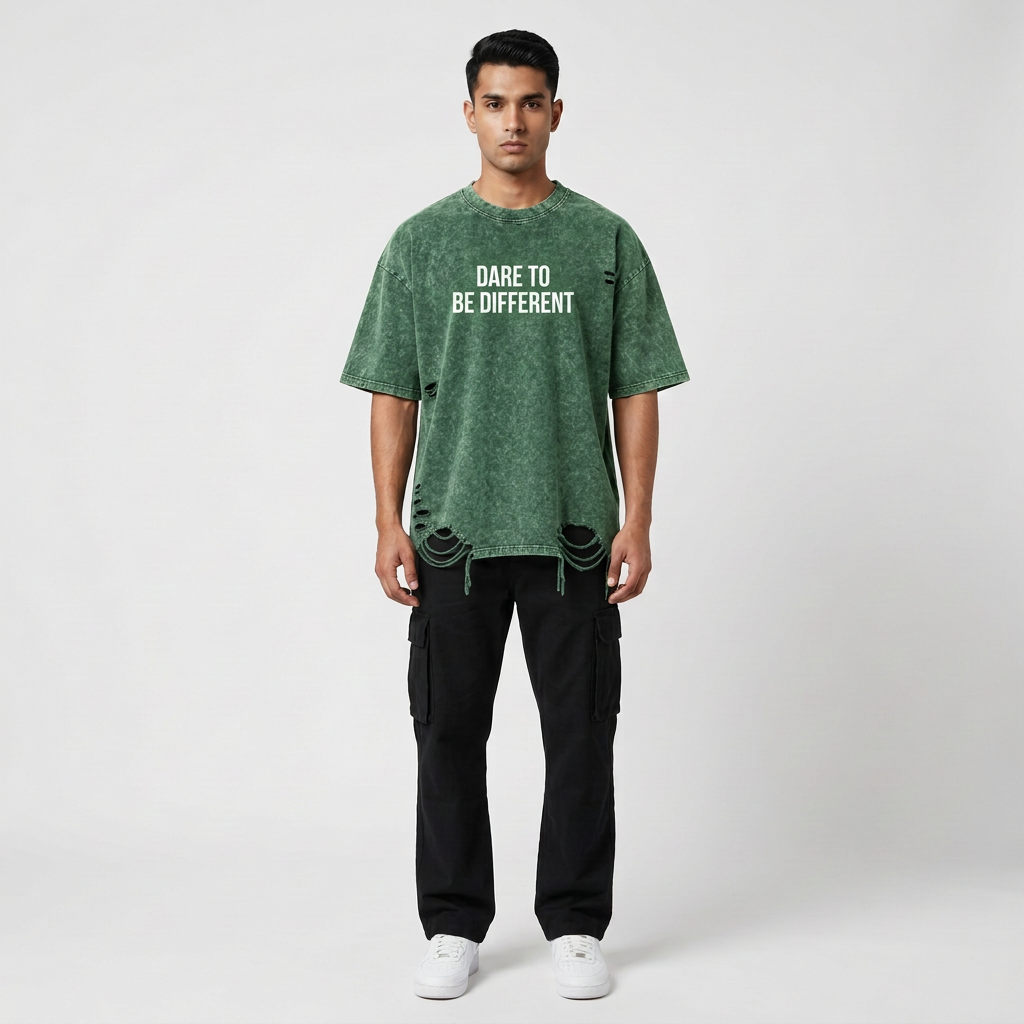 Green distressed T-shirt, front view