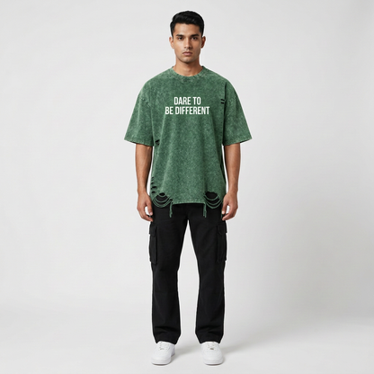 Green distressed T-shirt, front view
