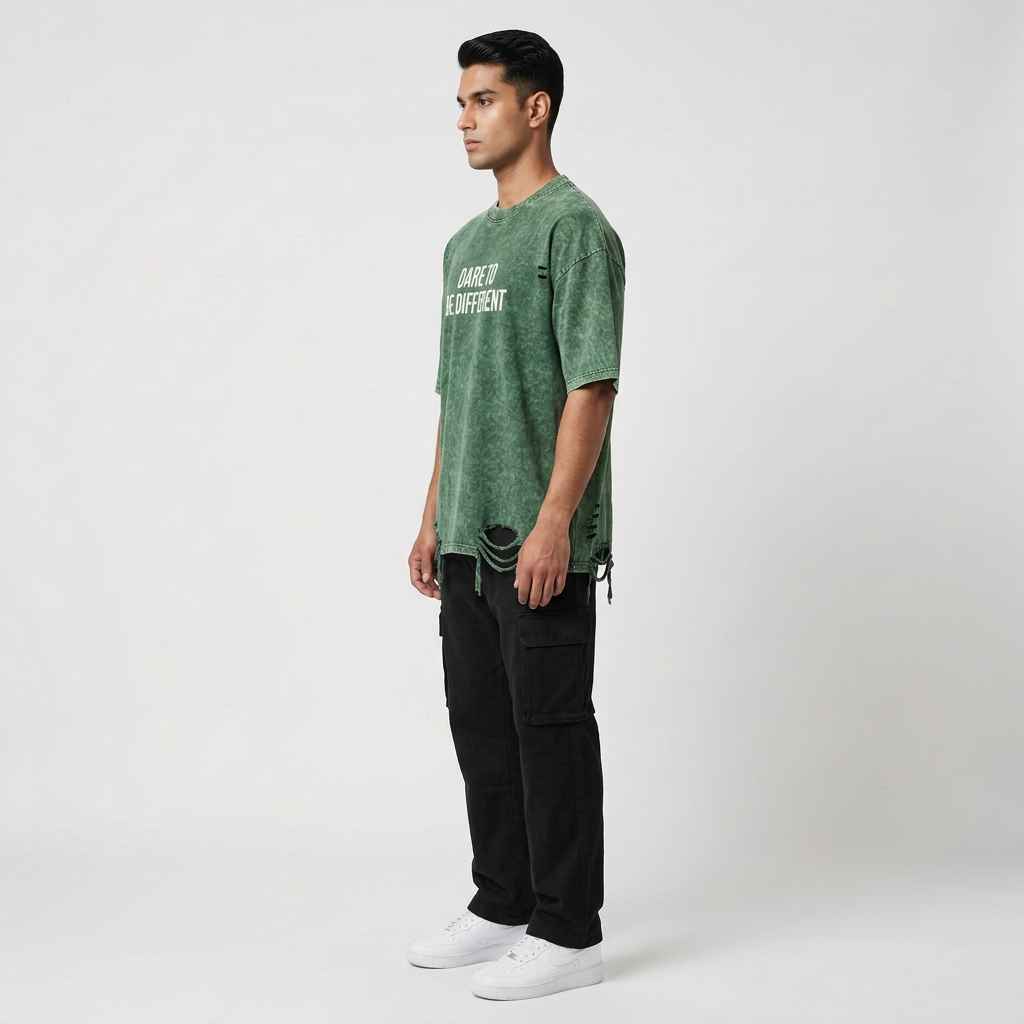 Green T-shirt, left-facing profile