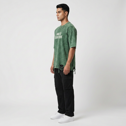 Green T-shirt, left-facing profile