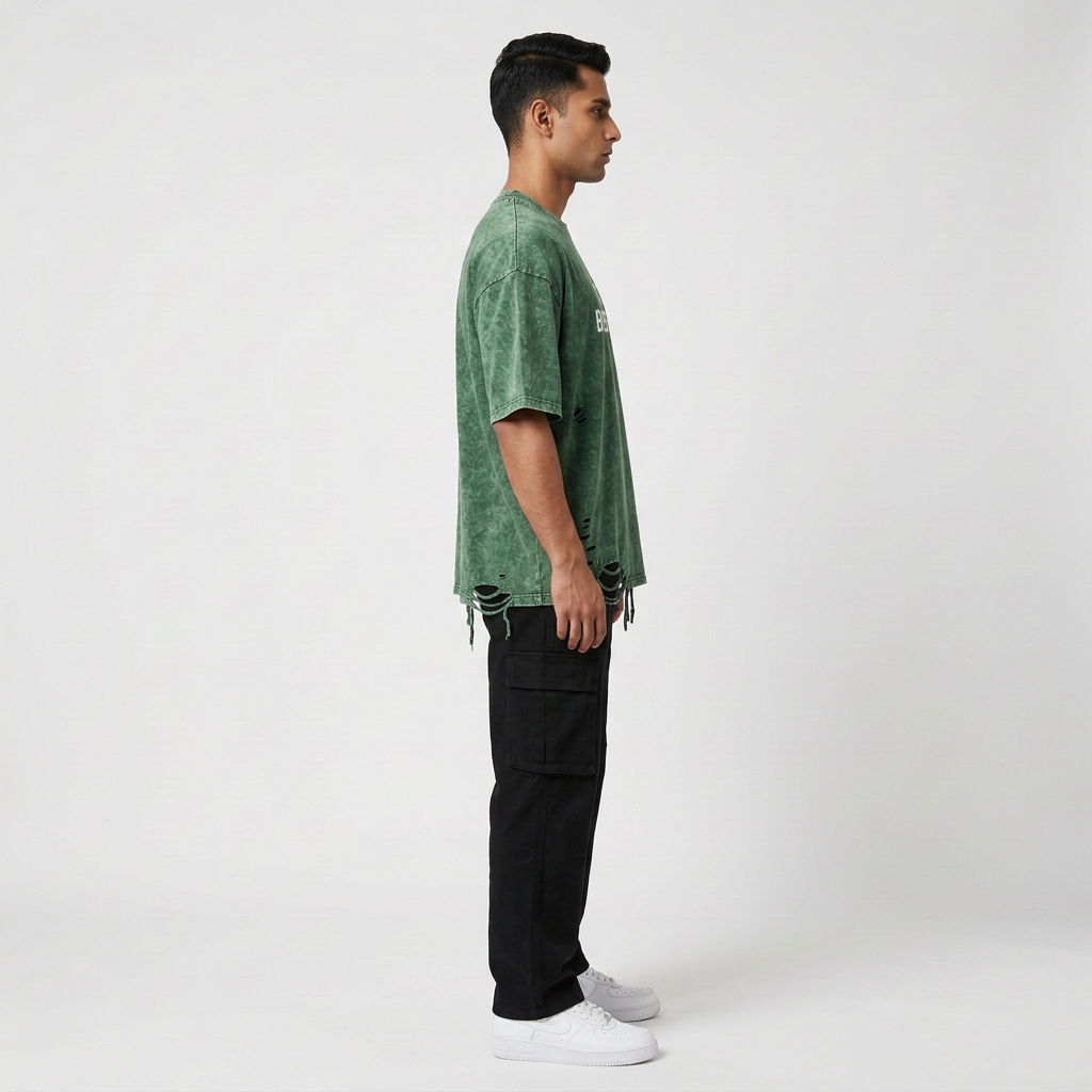 Green T-shirt, right-facing profile