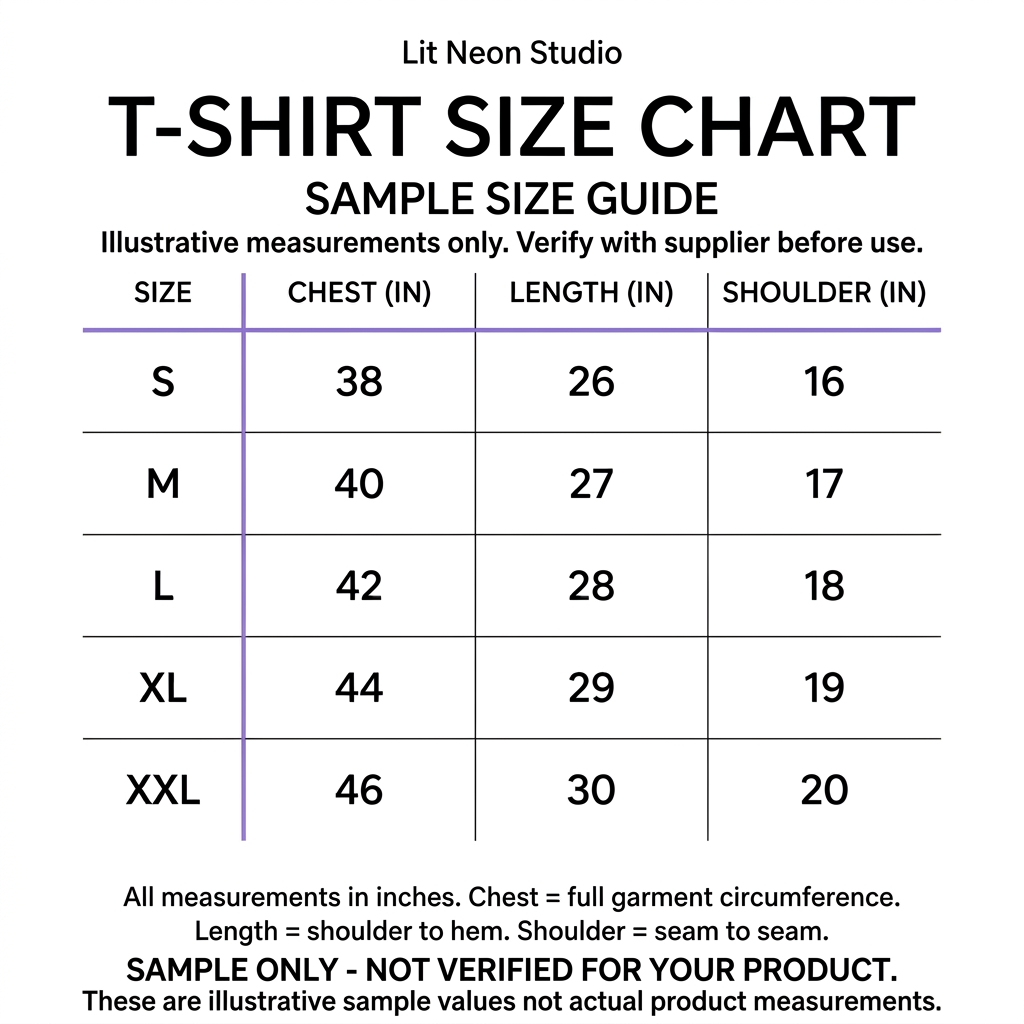 Sample T-shirt size guide, illustrative values only, not verified product measurements