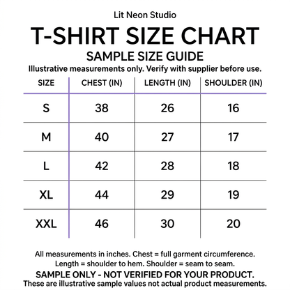 Sample T-shirt size guide, illustrative values only, not verified product measurements