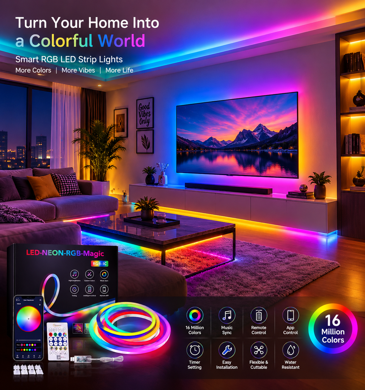EMG RGB Neon LED Strip Lights – 16 Million Colors, App & Remote Control, Music Sync