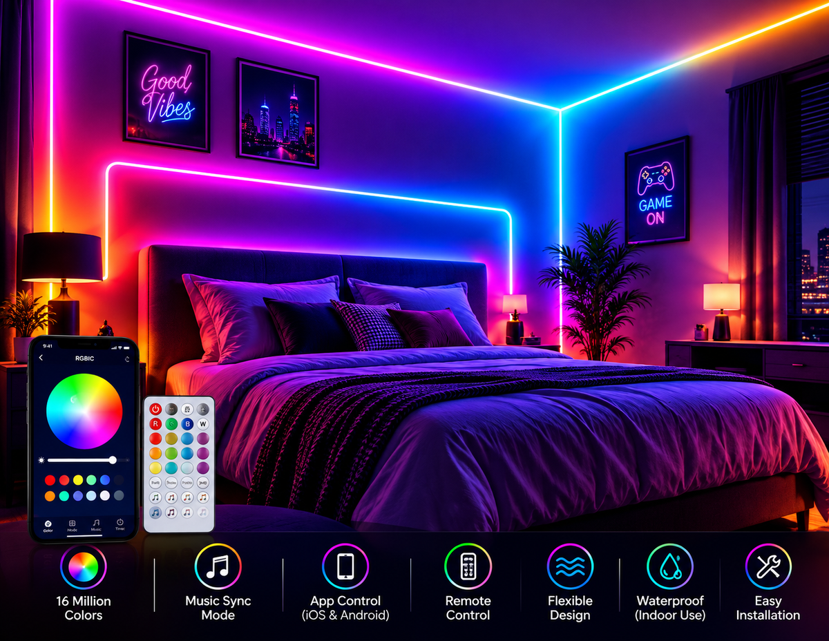 EMG RGB Neon LED Strip Lights – 16 Million Colors, App & Remote Control, Music Sync