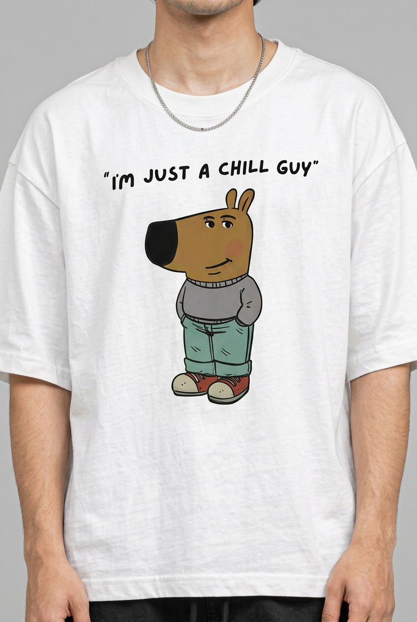 White Chill Guy T-shirt front print close-up