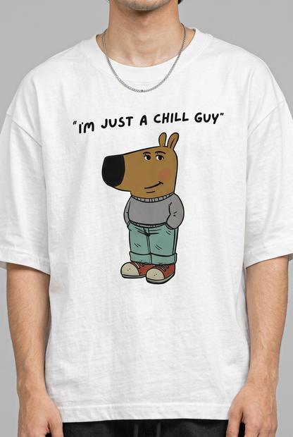 White Chill Guy T-shirt front print close-up